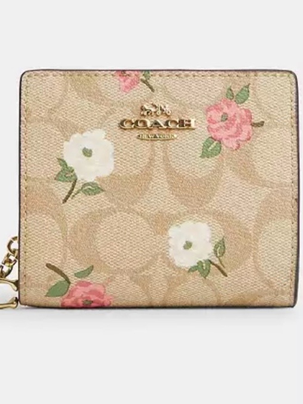 Coach Signature Canvas With Floral Print Snap Wallet with Pink & White Blooms